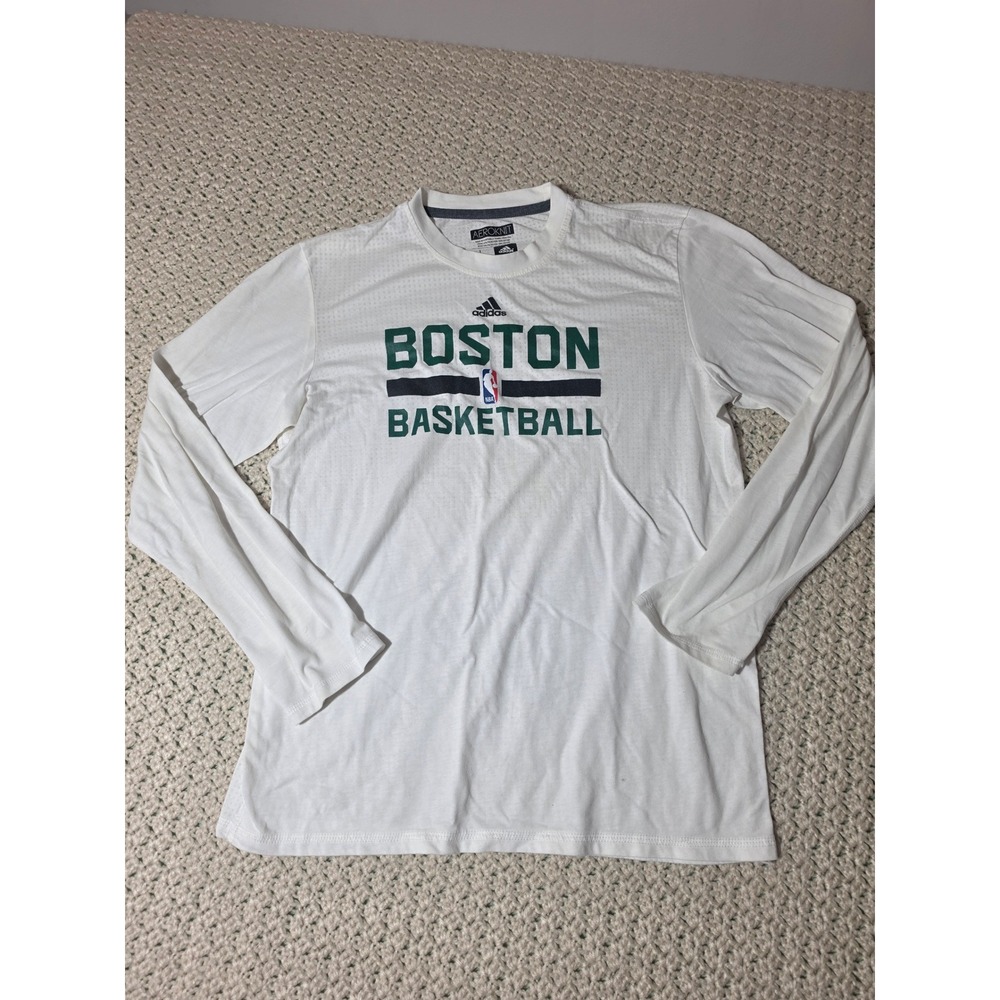 Adidas Boston Basketball Shirt Mens Large White Excellent Aeroknit Long Sleeve